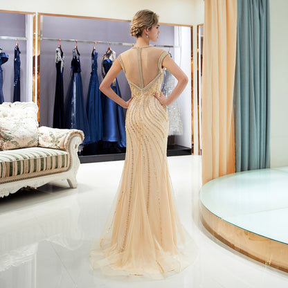 7-Day Dispatch Illusion V-Neck Cap Sleeve Champagne Heavy Beaded Mermaid Gown Deep V-Back Sheer Tulle Train Dress