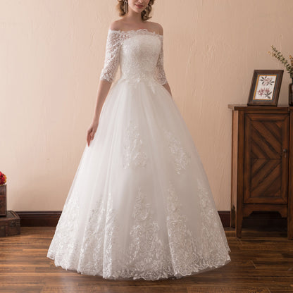 7-Day Dispatch Off-the-Shoulder 3/4 Sleeve White Lace Tulle Ball Gown Lace-up Back Wedding Dress