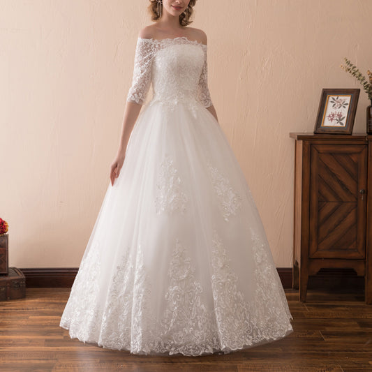 7-Day Dispatch Off-the-Shoulder 3/4 Sleeve White Lace Tulle Ball Gown Lace-up Back Wedding Dress