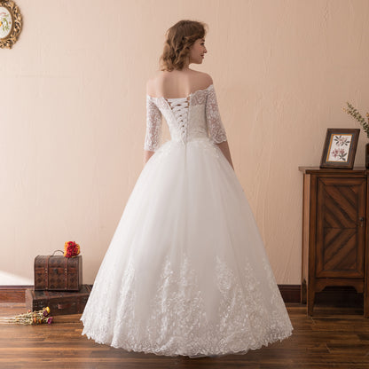 7-Day Dispatch Off-the-Shoulder 3/4 Sleeve White Lace Tulle Ball Gown Lace-up Back Wedding Dress
