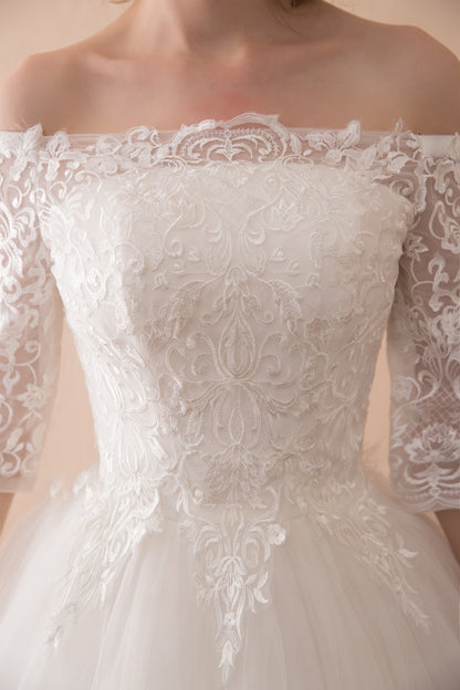 7-Day Dispatch Off-the-Shoulder 3/4 Sleeve White Lace Tulle Ball Gown Lace-up Back Wedding Dress
