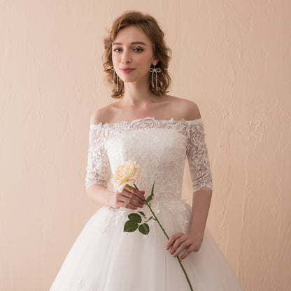 7-Day Dispatch Off-the-Shoulder 3/4 Sleeve White Lace Tulle Ball Gown Lace-up Back Wedding Dress