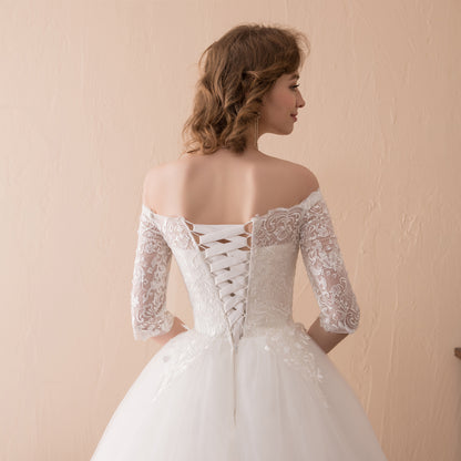 7-Day Dispatch Off-the-Shoulder 3/4 Sleeve White Lace Tulle Ball Gown Lace-up Back Wedding Dress