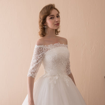 7-Day Dispatch Off-the-Shoulder 3/4 Sleeve White Lace Tulle Ball Gown Lace-up Back Wedding Dress