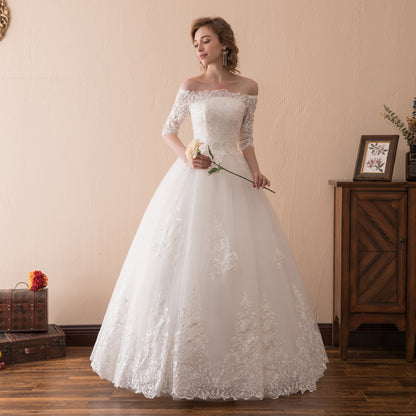 7-Day Dispatch Off-the-Shoulder 3/4 Sleeve White Lace Tulle Ball Gown Lace-up Back Wedding Dress