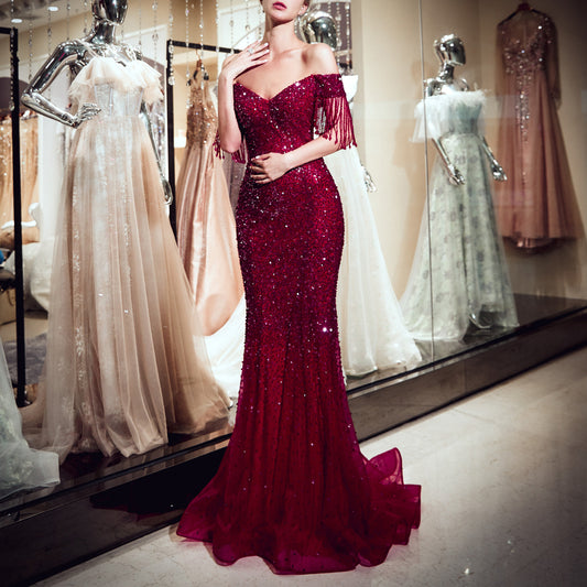7-Day Dispatch Off-the-Shoulder Beaded Tassel Sleeve Mermaid Gown Two Colors (Champagne Gold & Burgundy) U-Back Sequin Tulle Train Evening Dress
