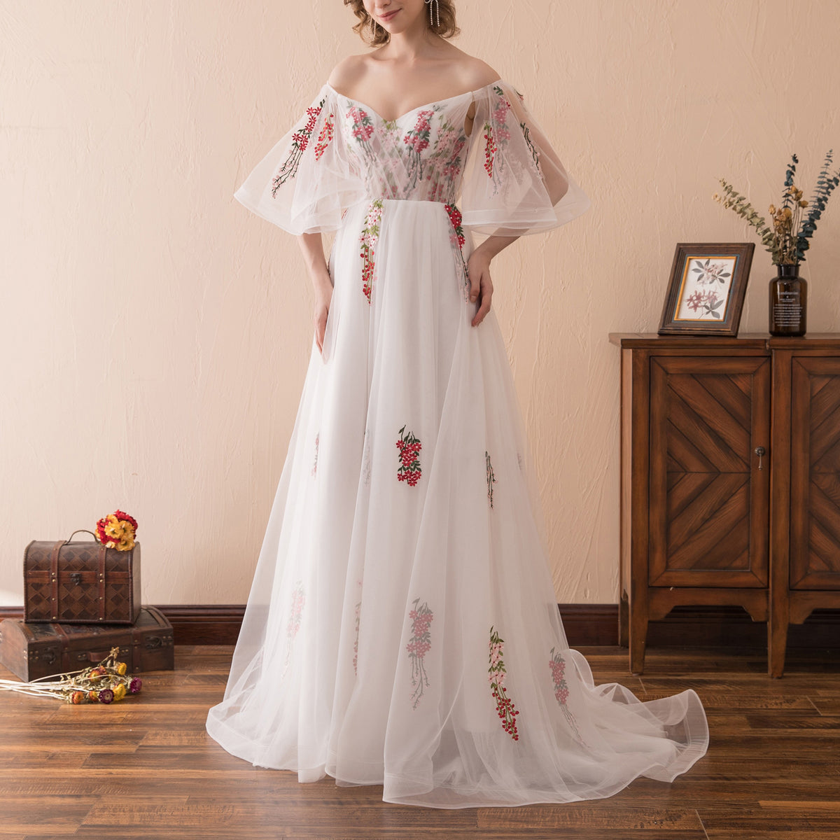 7-Day Dispatch Off-the-Shoulder Floral Embroidered White Tulle A-Line Gown Lace-up Back Formal Dress