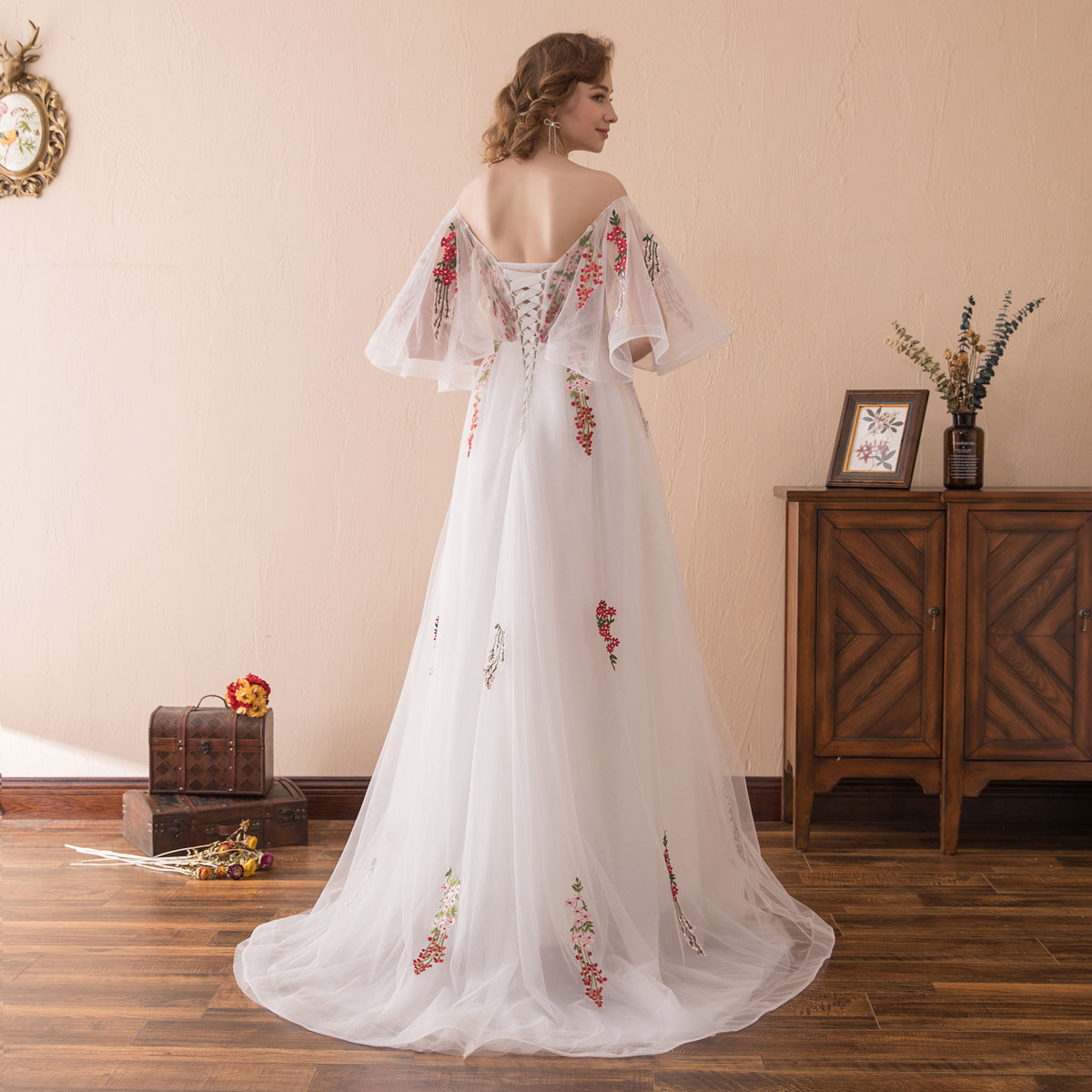 7-Day Dispatch Off-the-Shoulder Floral Embroidered White Tulle A-Line Gown Lace-up Back Formal Dress