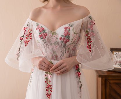 7-Day Dispatch Off-the-Shoulder Floral Embroidered White Tulle A-Line Gown Lace-up Back Formal Dress