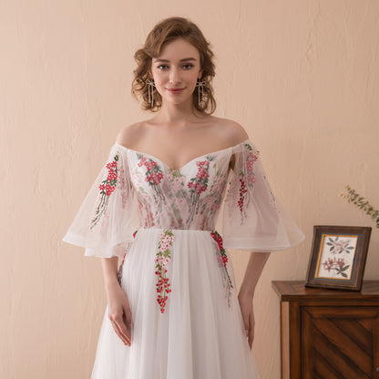 7-Day Dispatch Off-the-Shoulder Floral Embroidered White Tulle A-Line Gown Lace-up Back Formal Dress