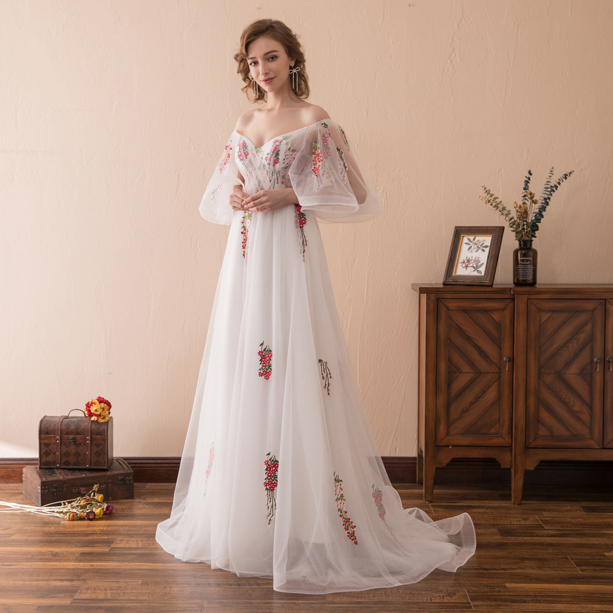 7-Day Dispatch Off-the-Shoulder Floral Embroidered White Tulle A-Line Gown Lace-up Back Formal Dress