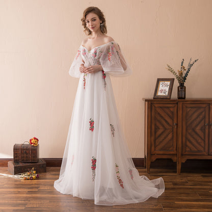 7-Day Dispatch Off-the-Shoulder Floral Embroidered White Tulle A-Line Gown Lace-up Back Formal Dress