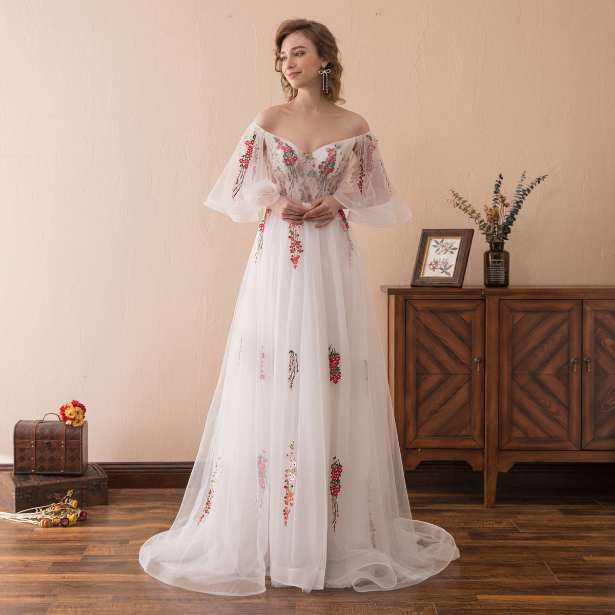 7-Day Dispatch Off-the-Shoulder Floral Embroidered White Tulle A-Line Gown Lace-up Back Formal Dress