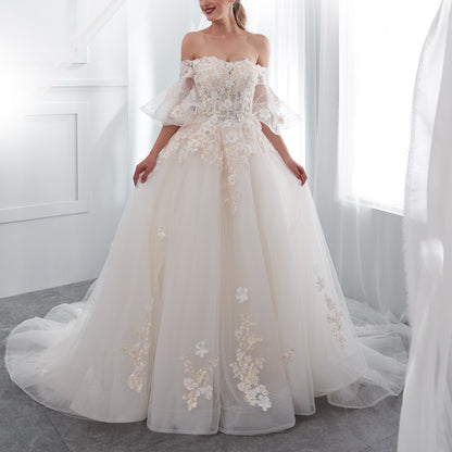 7-Day Dispatch Off-the-Shoulder Sheer Sleeve Ivory Lace Tulle Ball Gown 3D Floral Applique Lace-up Back Sweeping Train Wedding Dress