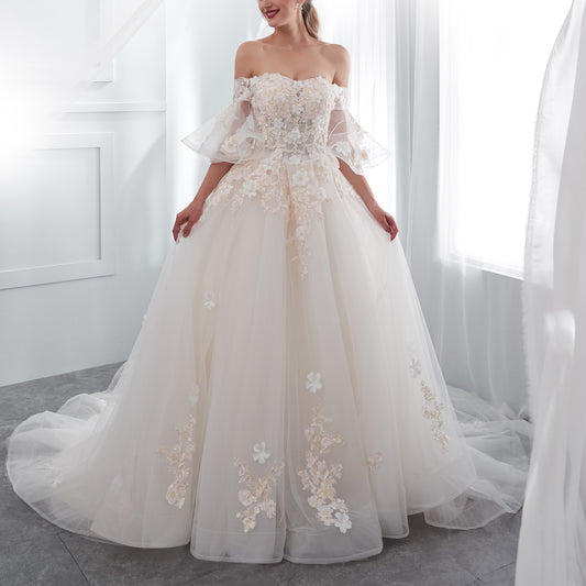 7-Day Dispatch Off-the-Shoulder Sheer Sleeve Ivory Lace Tulle Ball Gown 3D Floral Applique Lace-up Back Sweeping Train Wedding Dress