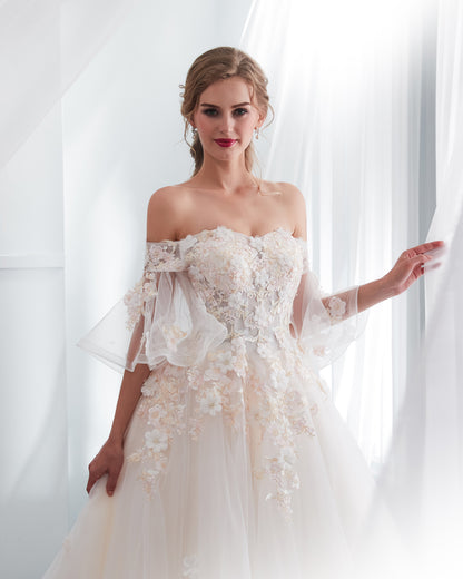 7-Day Dispatch Off-the-Shoulder Sheer Sleeve Ivory Lace Tulle Ball Gown 3D Floral Applique Lace-up Back Sweeping Train Wedding Dress