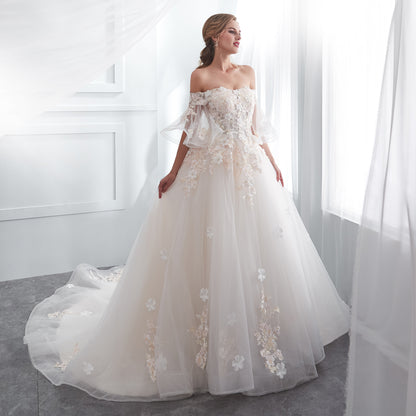 7-Day Dispatch Off-the-Shoulder Sheer Sleeve Ivory Lace Tulle Ball Gown 3D Floral Applique Lace-up Back Sweeping Train Wedding Dress