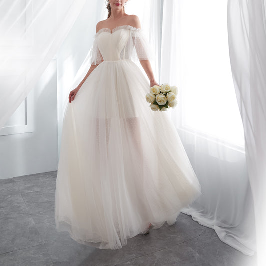 7-Day Dispatch Off-the-Shoulder Sweetheart Ivory Polka Dot Tulle Ball Gown Sheer Draped Sleeves Wedding Dress