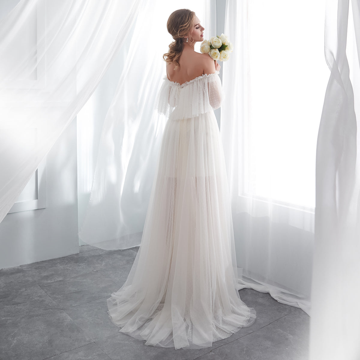 7-Day Dispatch Off-the-Shoulder Sweetheart Ivory Polka Dot Tulle Ball Gown Sheer Draped Sleeves Wedding Dress