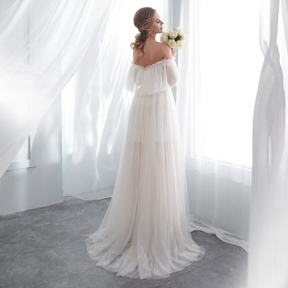 7-Day Dispatch Off-the-Shoulder Sweetheart Ivory Polka Dot Tulle Ball Gown Sheer Draped Sleeves Wedding Dress