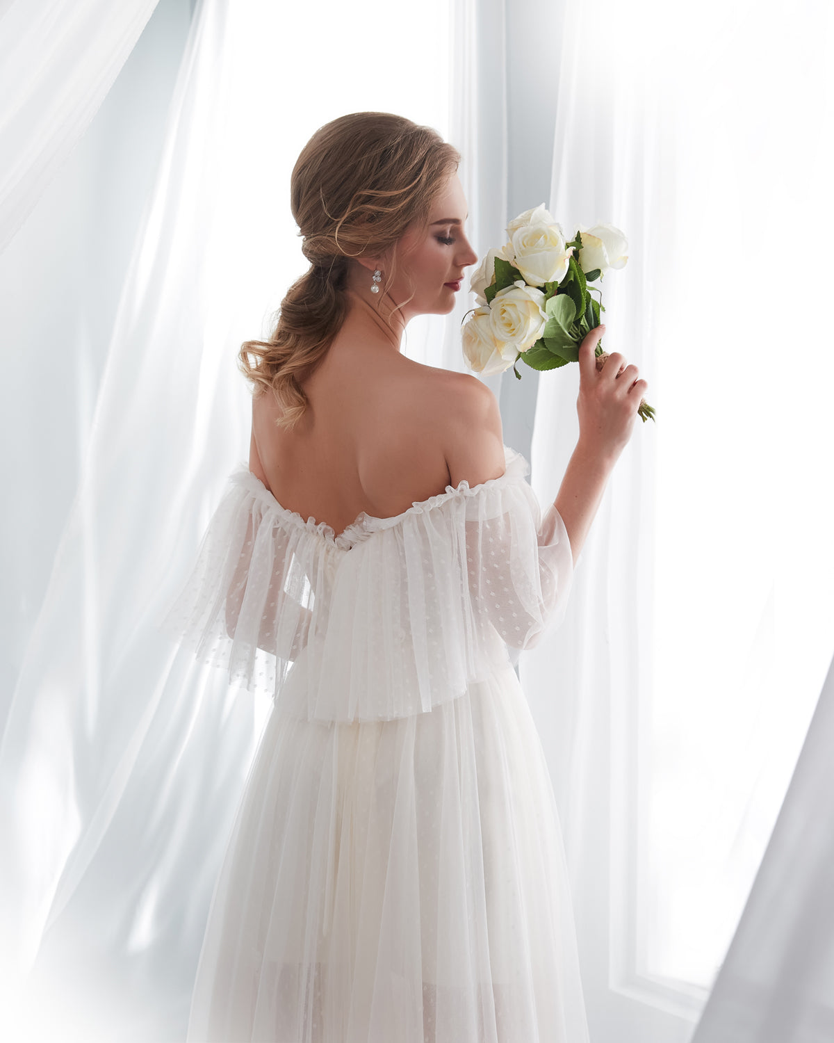 7-Day Dispatch Off-the-Shoulder Sweetheart Ivory Polka Dot Tulle Ball Gown Sheer Draped Sleeves Wedding Dress