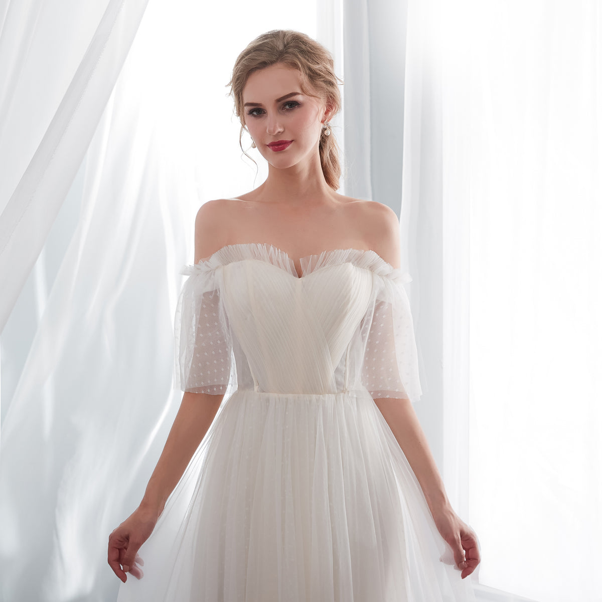 7-Day Dispatch Off-the-Shoulder Sweetheart Ivory Polka Dot Tulle Ball Gown Sheer Draped Sleeves Wedding Dress