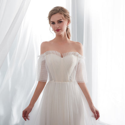 7-Day Dispatch Off-the-Shoulder Sweetheart Ivory Polka Dot Tulle Ball Gown Sheer Draped Sleeves Wedding Dress