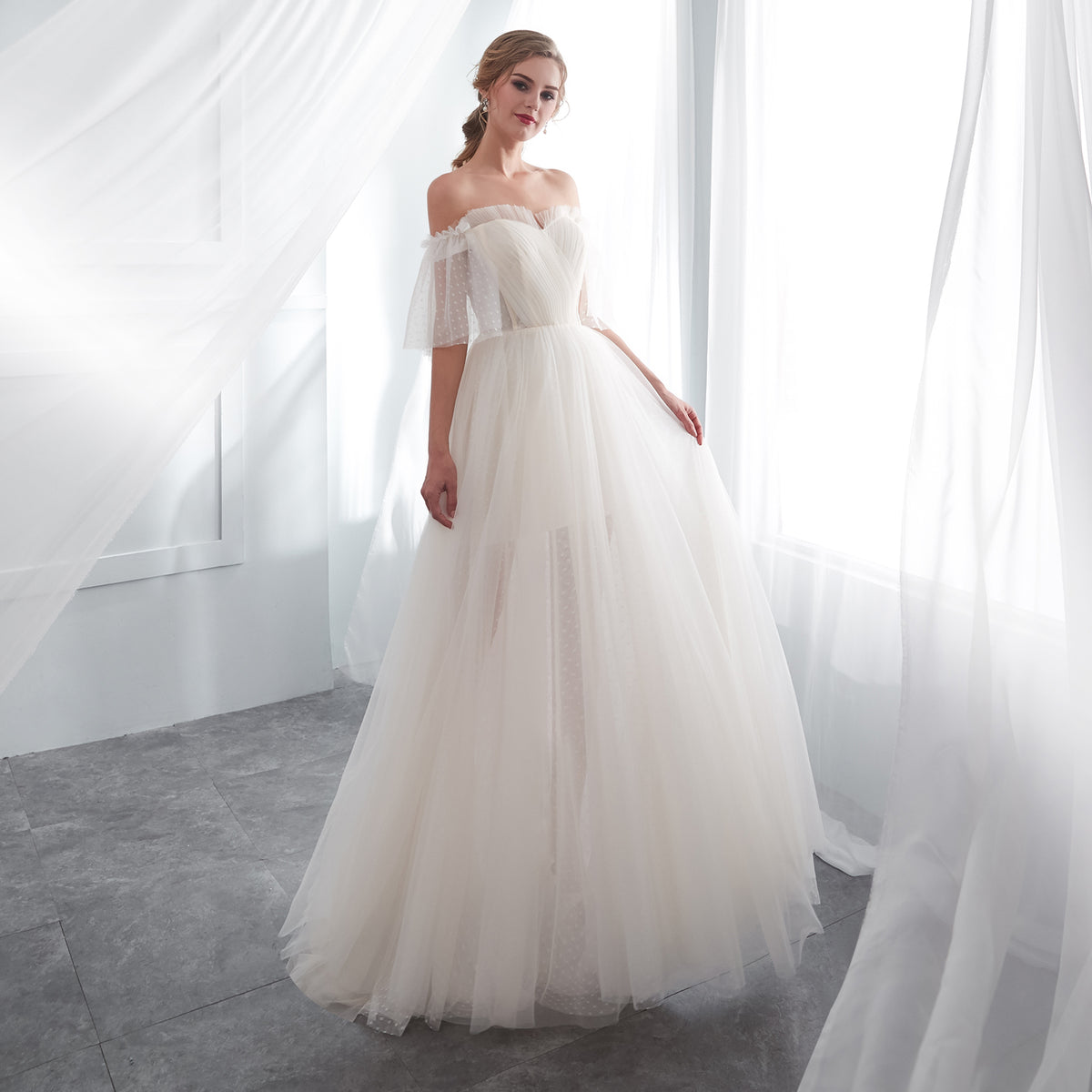 7-Day Dispatch Off-the-Shoulder Sweetheart Ivory Polka Dot Tulle Ball Gown Sheer Draped Sleeves Wedding Dress