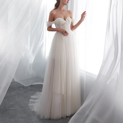 7-Day Dispatch Off-the-Shoulder Sweetheart Ivory Tulle A-Line Wedding Dress Draped Sleeves Corset Back Bridal Gown