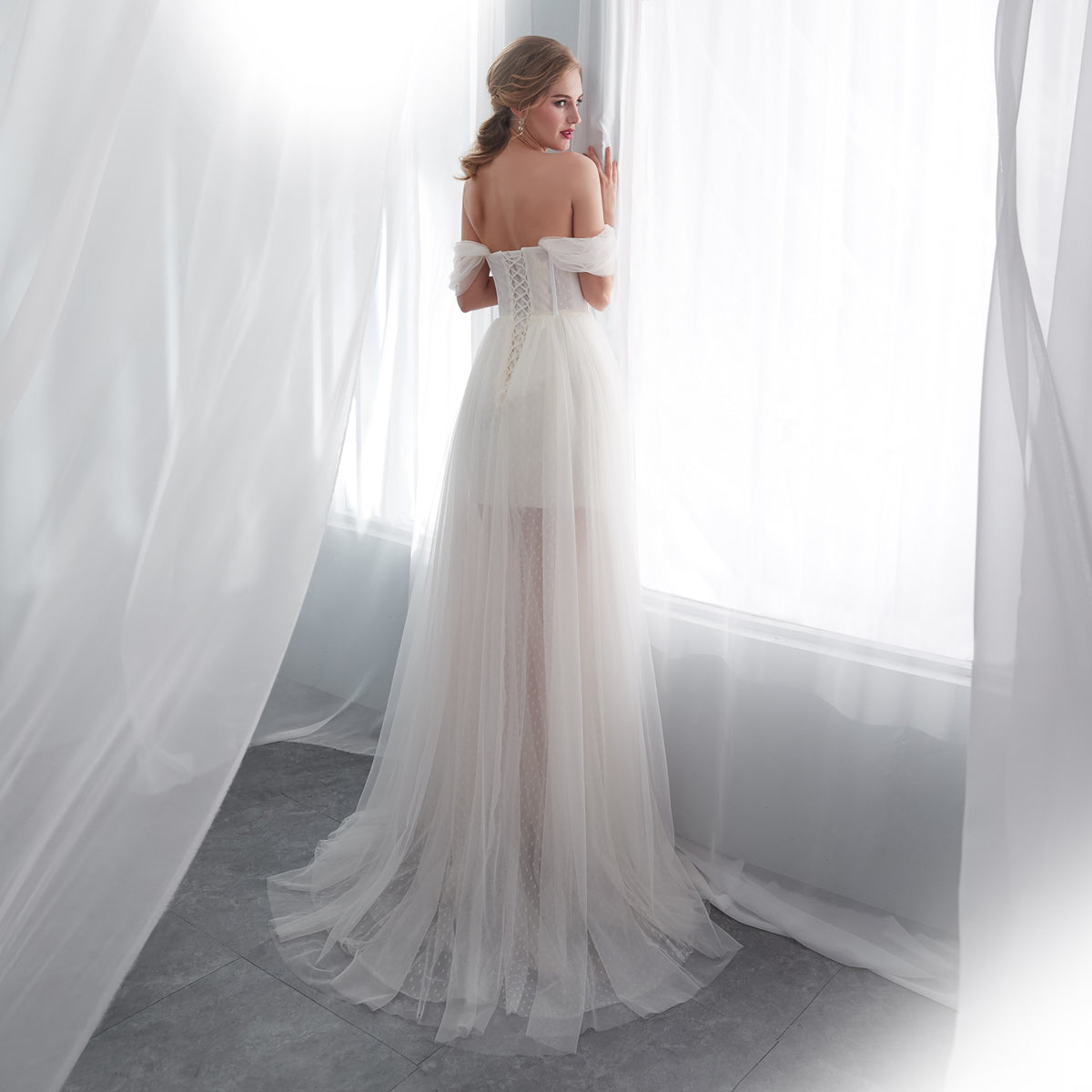 7-Day Dispatch Off-the-Shoulder Sweetheart Ivory Tulle A-Line Wedding Dress Draped Sleeves Corset Back Bridal Gown