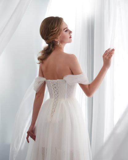 7-Day Dispatch Off-the-Shoulder Sweetheart Ivory Tulle A-Line Wedding Dress Draped Sleeves Corset Back Bridal Gown