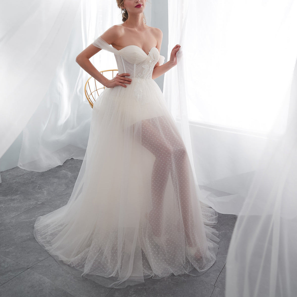 7-Day Dispatch Off-the-Shoulder Sweetheart Ivory Tulle A-Line Wedding Dress Draped Sleeves Corset Back Bridal Gown