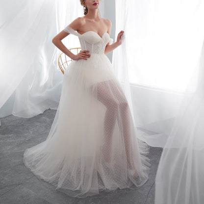 7-Day Dispatch Off-the-Shoulder Sweetheart Ivory Tulle A-Line Wedding Dress Draped Sleeves Corset Back Bridal Gown