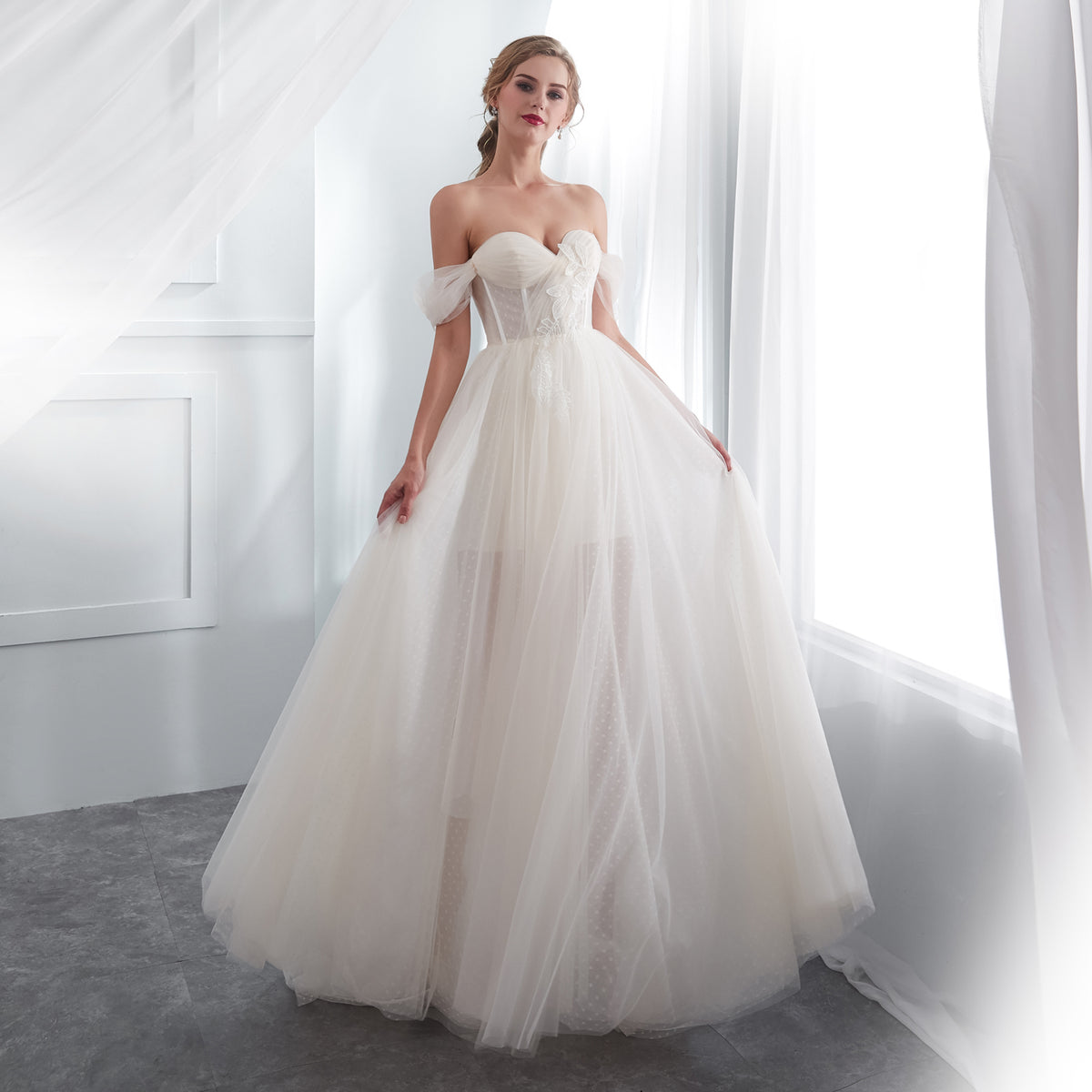 7-Day Dispatch Off-the-Shoulder Sweetheart Ivory Tulle A-Line Wedding Dress Draped Sleeves Corset Back Bridal Gown