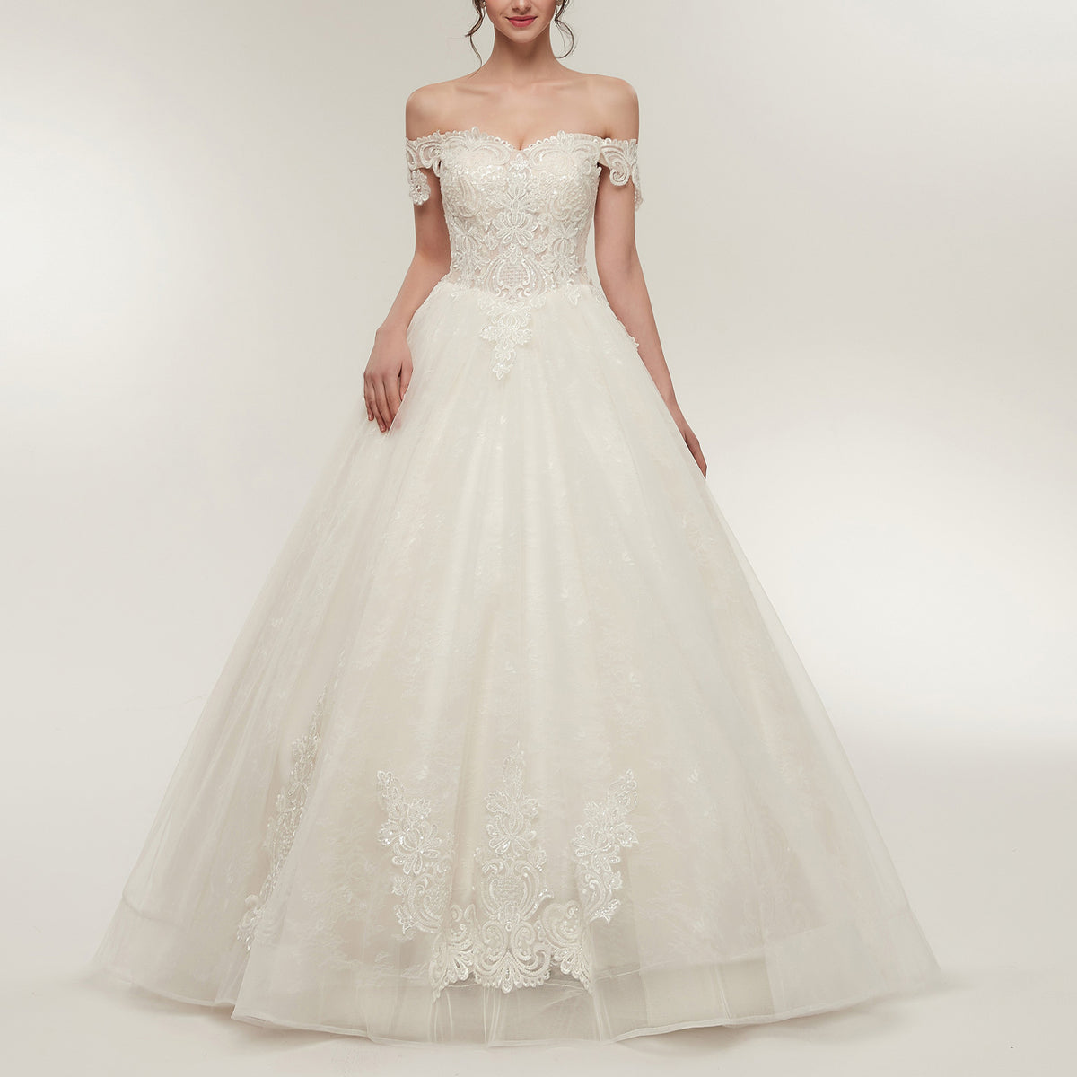 7-Day Dispatch Off-the-Shoulder Sweetheart White Lace Tulle Ball Gown Lace-up Back Wedding Dress
