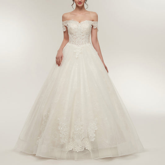 7-Day Dispatch Off-the-Shoulder Sweetheart White Lace Tulle Ball Gown Lace-up Back Wedding Dress