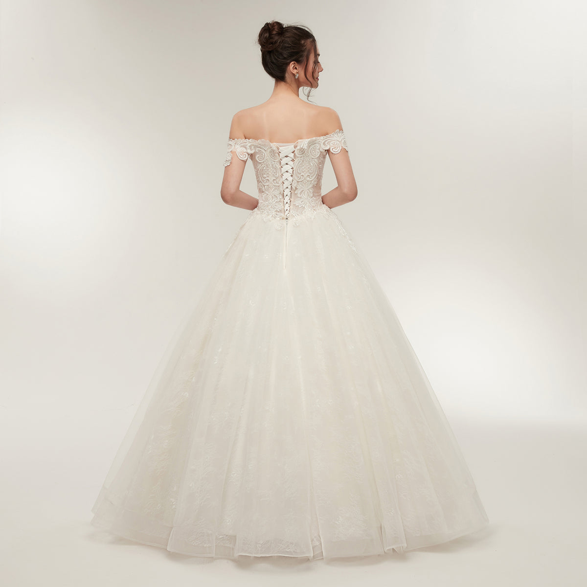 7-Day Dispatch Off-the-Shoulder Sweetheart White Lace Tulle Ball Gown Lace-up Back Wedding Dress