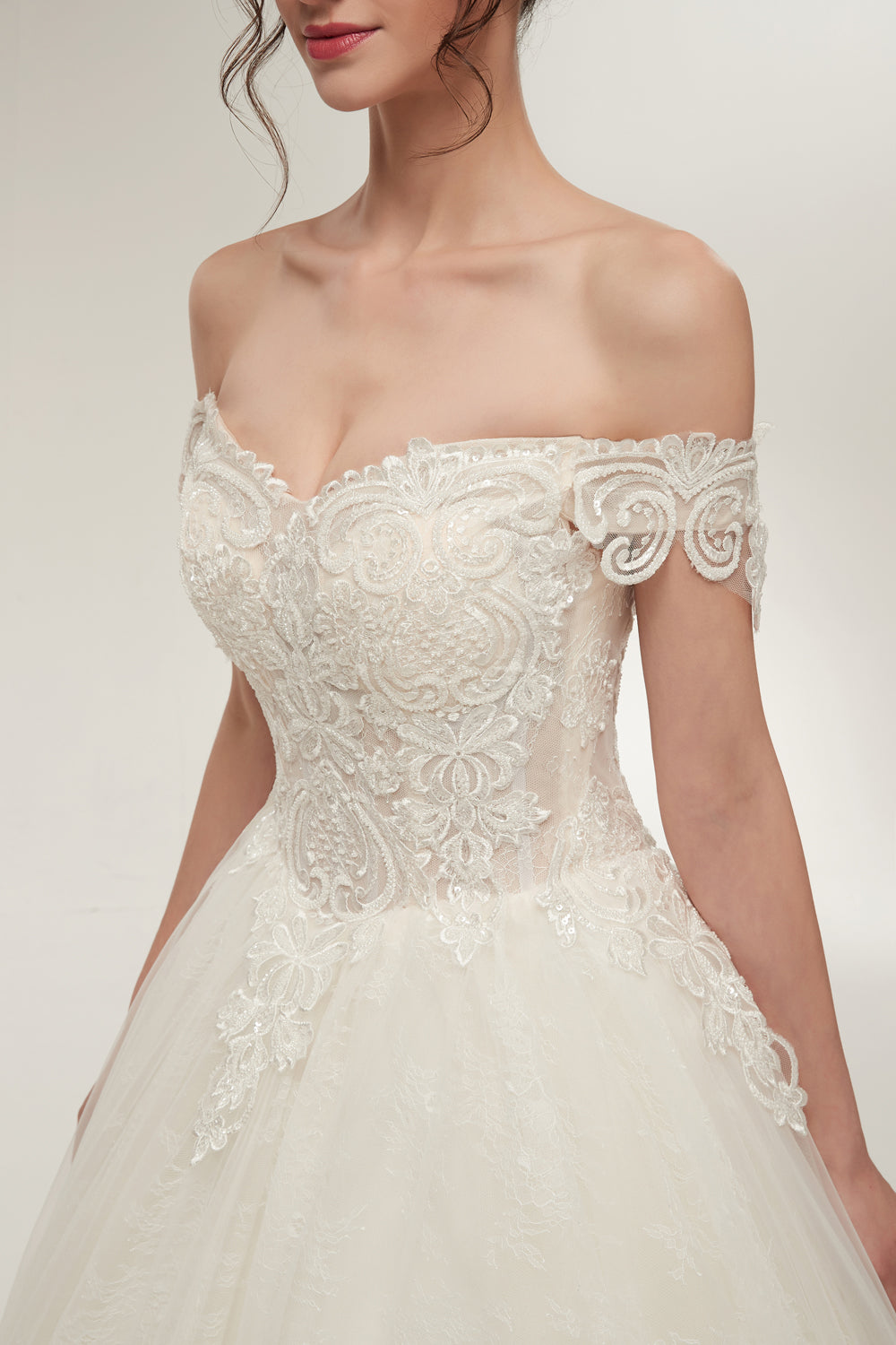 7-Day Dispatch Off-the-Shoulder Sweetheart White Lace Tulle Ball Gown Lace-up Back Wedding Dress