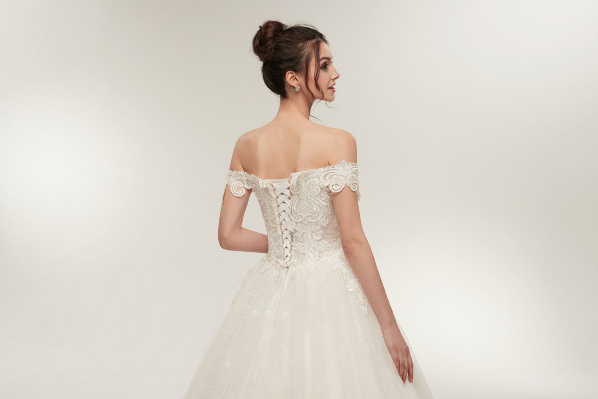 7-Day Dispatch Off-the-Shoulder Sweetheart White Lace Tulle Ball Gown Lace-up Back Wedding Dress