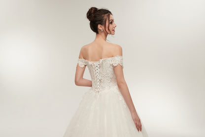 7-Day Dispatch Off-the-Shoulder Sweetheart White Lace Tulle Ball Gown Lace-up Back Wedding Dress