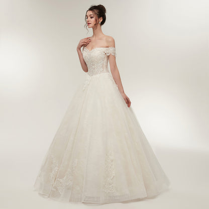 7-Day Dispatch Off-the-Shoulder Sweetheart White Lace Tulle Ball Gown Lace-up Back Wedding Dress