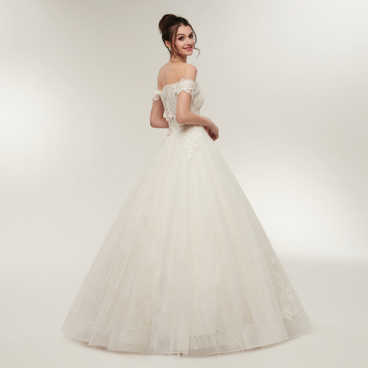 7-Day Dispatch Off-the-Shoulder Sweetheart White Lace Tulle Ball Gown Lace-up Back Wedding Dress