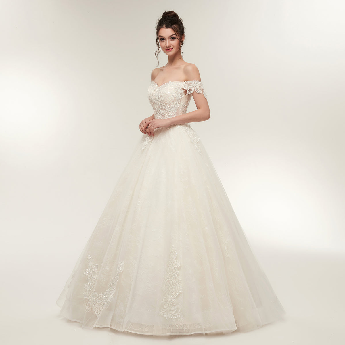 7-Day Dispatch Off-the-Shoulder Sweetheart White Lace Tulle Ball Gown Lace-up Back Wedding Dress