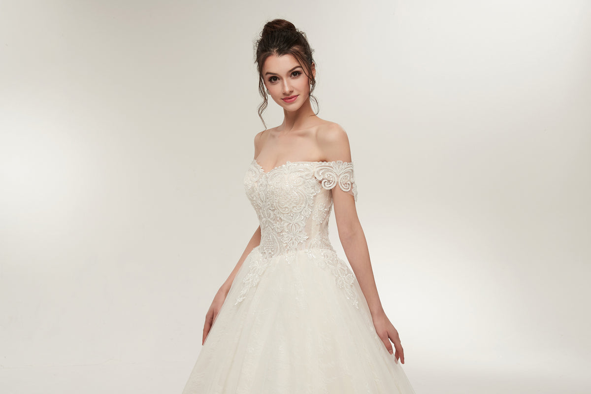 7-Day Dispatch Off-the-Shoulder Sweetheart White Lace Tulle Ball Gown Lace-up Back Wedding Dress