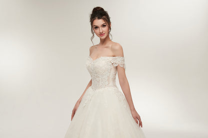 7-Day Dispatch Off-the-Shoulder Sweetheart White Lace Tulle Ball Gown Lace-up Back Wedding Dress