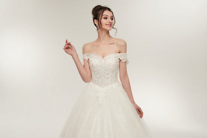 7-Day Dispatch Off-the-Shoulder Sweetheart White Lace Tulle Ball Gown Lace-up Back Wedding Dress