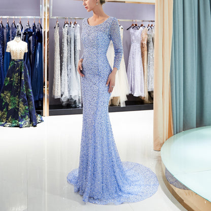 7-Day Dispatch Scoop Neck Long Sleeve Beaded Mermaid Gown Two Colors (Light Blue & Champagne) Sheer Tulle Train Evening Dress