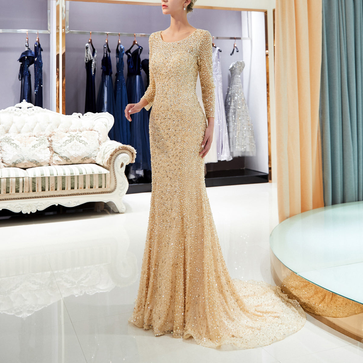 7-Day Dispatch Scoop Neck Long Sleeve Beaded Mermaid Gown Two Colors (Light Blue & Champagne) Sheer Tulle Train Evening Dress
