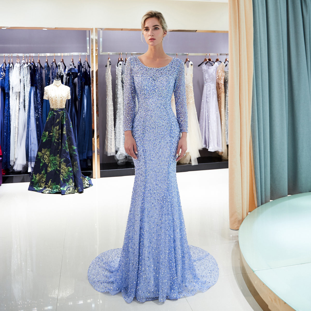 7-Day Dispatch Scoop Neck Long Sleeve Beaded Mermaid Gown Two Colors (Light Blue & Champagne) Sheer Tulle Train Evening Dress