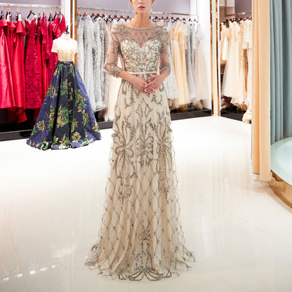 7-Day Dispatch Sheer 3/4 Sleeve Illusion Neck Beaded Lattice Tulle A-Line Gown Three Colors (Champagne, Navy Blue & Gold) Evening Dress